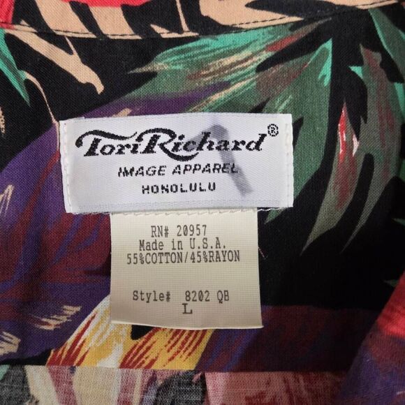 TORI RICHARD VINTAGE HAWAIIAN CAMP SHIRT MENS SIZE LARGE BLACK BIRD OF PARADISE - Picture 2 of 6